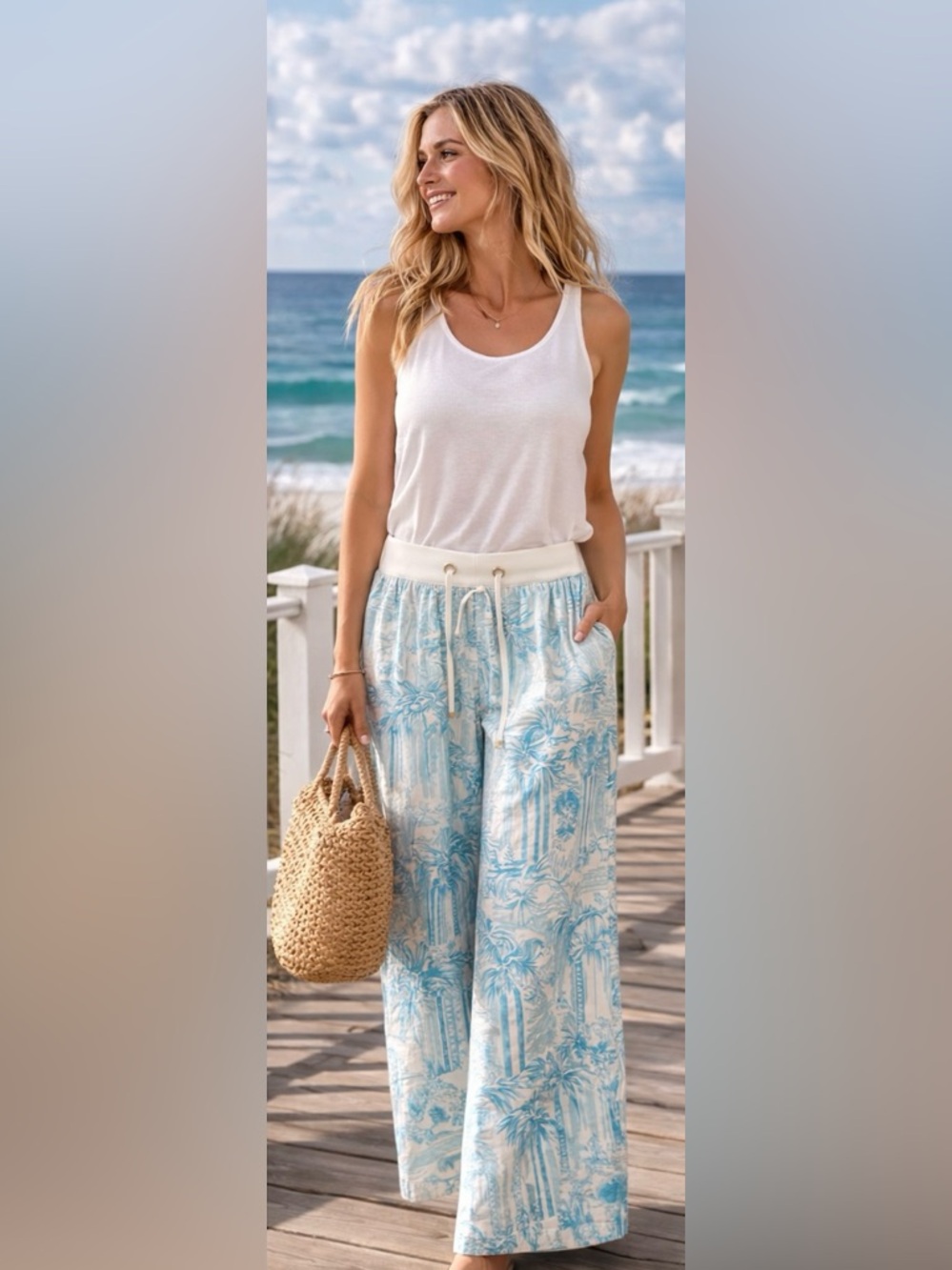 Lilly Pulitzer Beach Pants Small 33” Inseam Blue White palm Print Linen Sz Small - Picture 2 of 14